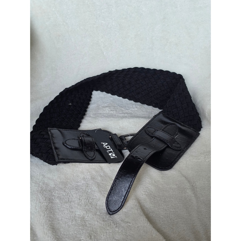 Apt. 9 Womens Black Woven Stretch Belt Wide Elastic Faux Leather Trim S/M